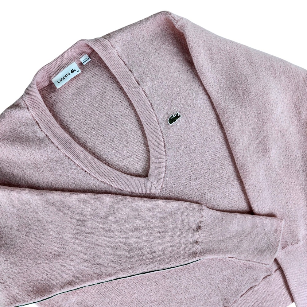 Lacoste Womens US 10 EU 42 100% Wool V-Neck Sweater Pink Classic Logo